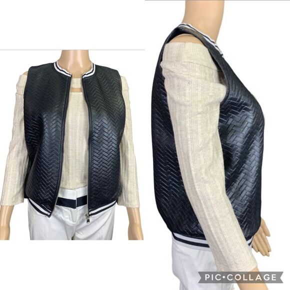 Vintage Alexandra Collection Womens Vest Faux Leather Chevron Black White Small - Picture 1 of 12